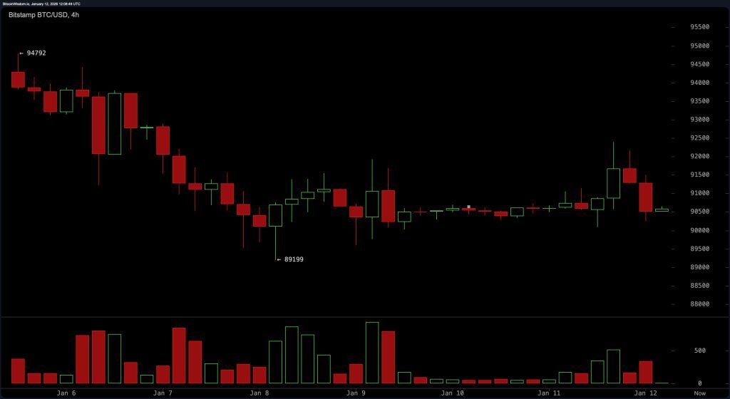 4-чacoвoй гpaфик BTC/USD нa Bitstamp 12 янвapя 2026 гoдa